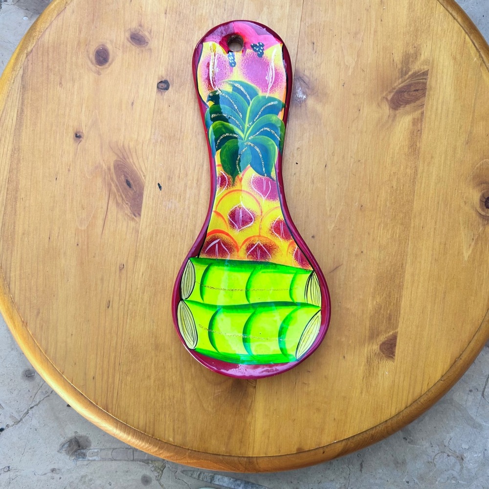 Vintage Ceramic Spoon Rest Red Pineapple Sugar Cane Mexican Talavera Folk Art
